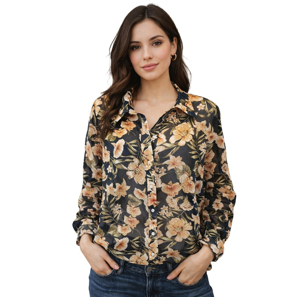 Chiffon Large Black Peach Floral Long Sleeve Top